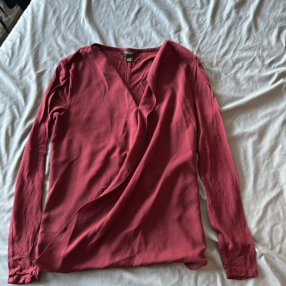 Ann Taylor Long Sleeve Ruffle Top in Maroon